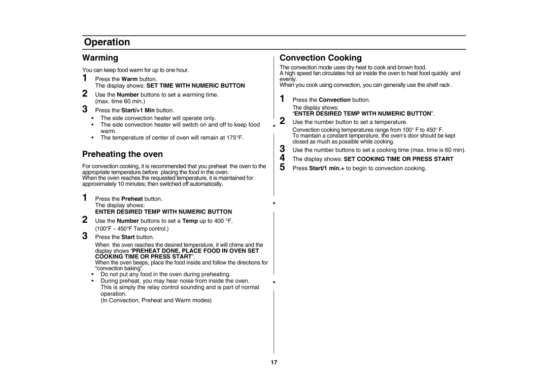 Samsung SMV7165 owner manual Warming, Preheating the oven, Convection Cooking, Enter Desired Temp with Numeric Button 