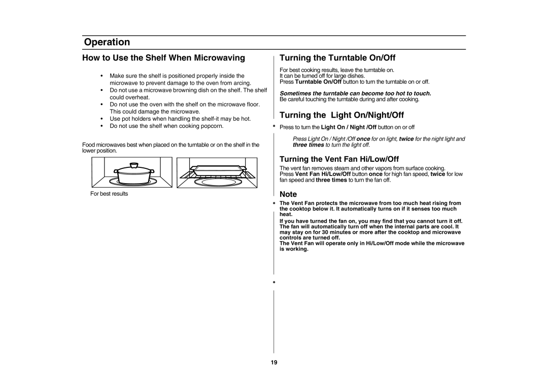 Samsung SMV7165 How to Use the Shelf When Microwaving, Turning the Turntable On/Off, Turning the Light On/Night/Off 