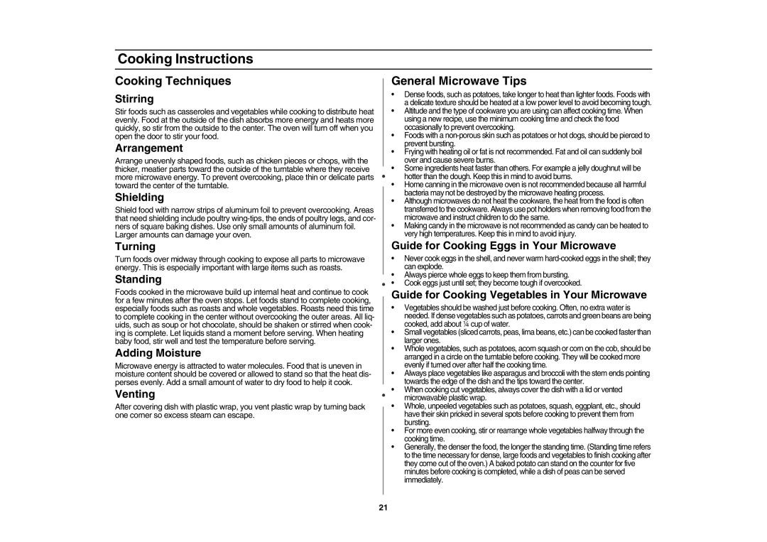 Samsung SMV7165 owner manual Cooking Techniques, General Microwave Tips 