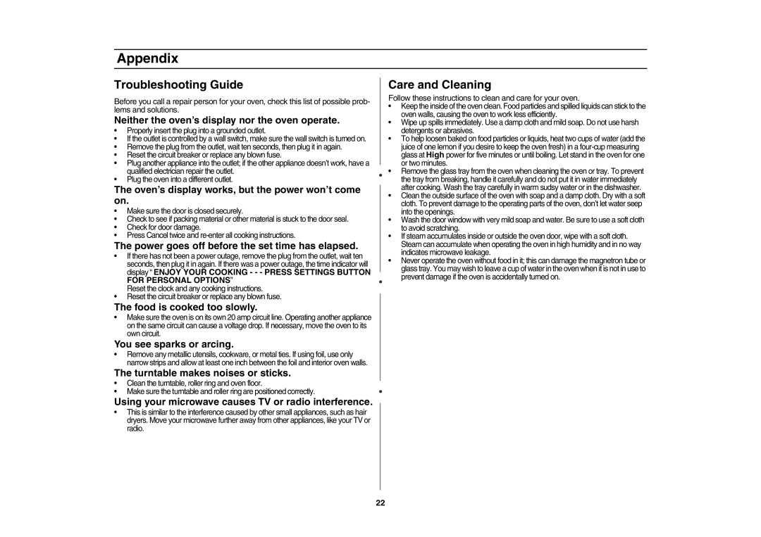 Samsung SMV7165 owner manual Appendix, Troubleshooting Guide, Care and Cleaning 