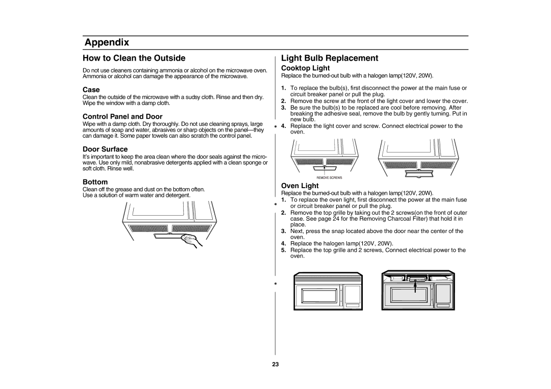 Samsung SMV7165 owner manual How to Clean the Outside, Light Bulb Replacement 