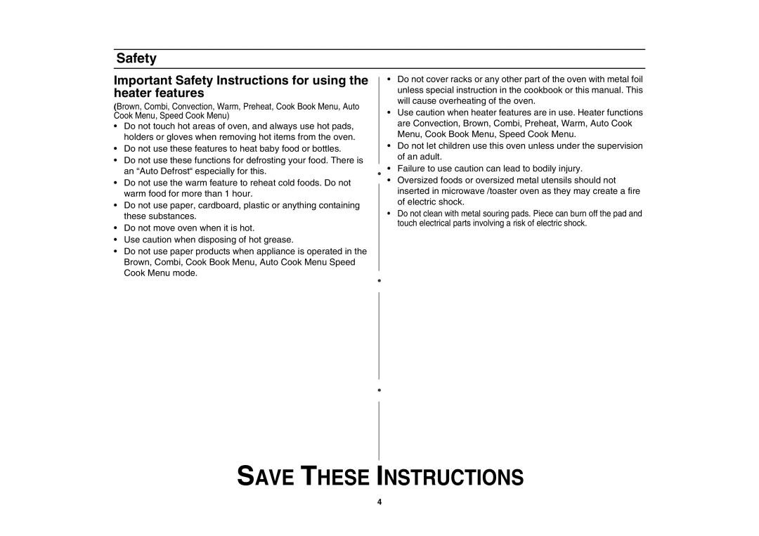 Samsung SMV7165 owner manual Important Safety Instructions for using the heater features 