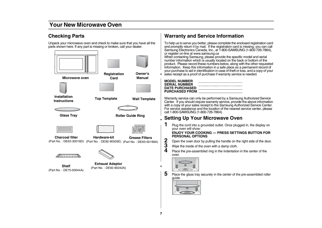 Samsung SMV7165 Your New Microwave Oven, Checking Parts, Warranty and Service Information, Setting Up Your Microwave Oven 