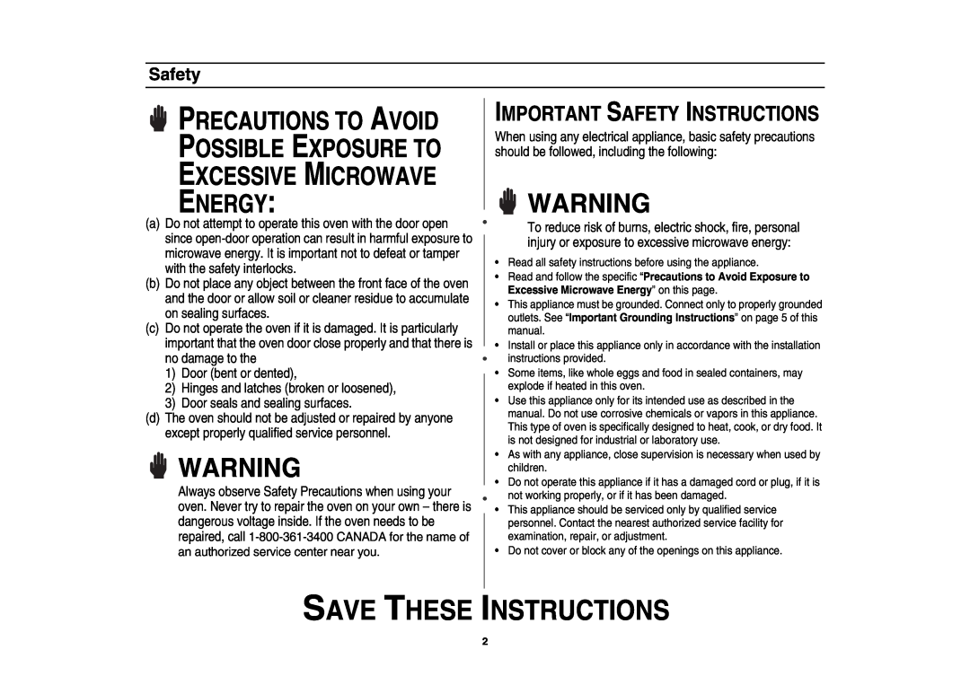 Samsung SMV7165 owner manual Save These Instructions, Important Safety Instructions 