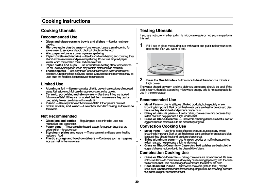 Samsung SMV7165 Cooking Instructions, Cooking Utensils, Testing Utensils, Recommended Use, Limited Use, Not Recommended 