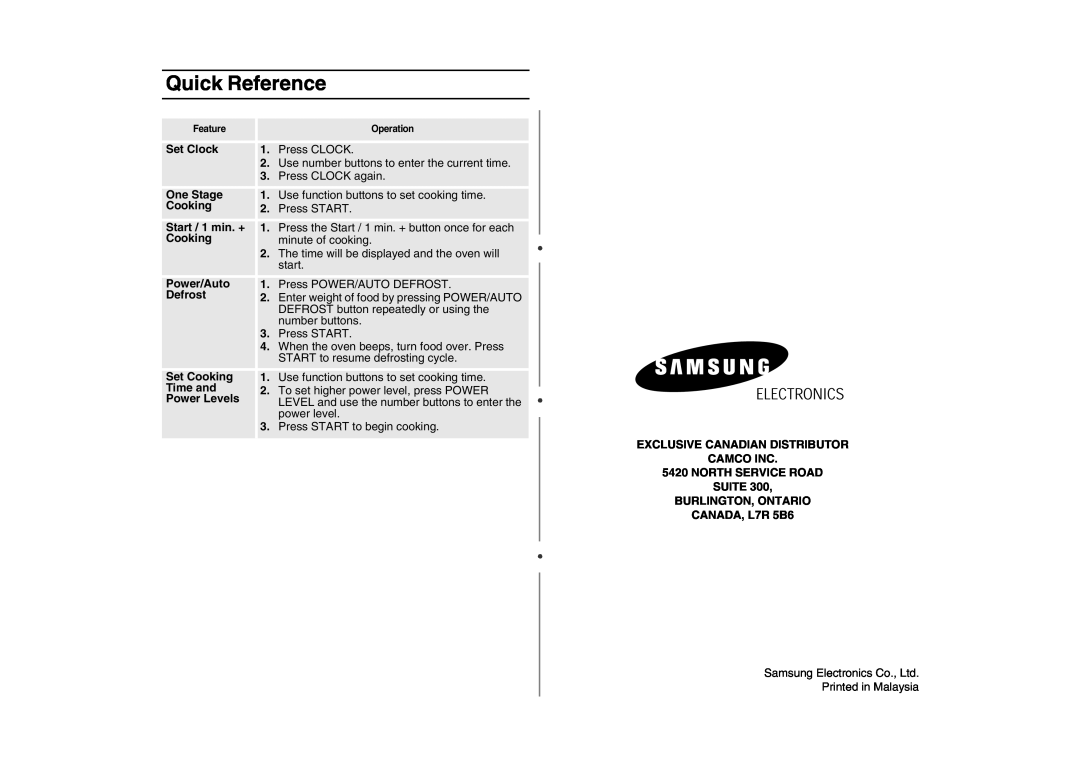 Samsung SMV7165 Quick Reference, Set Clock, Use number buttons to enter the current time, Press CLOCK again, One Stage 