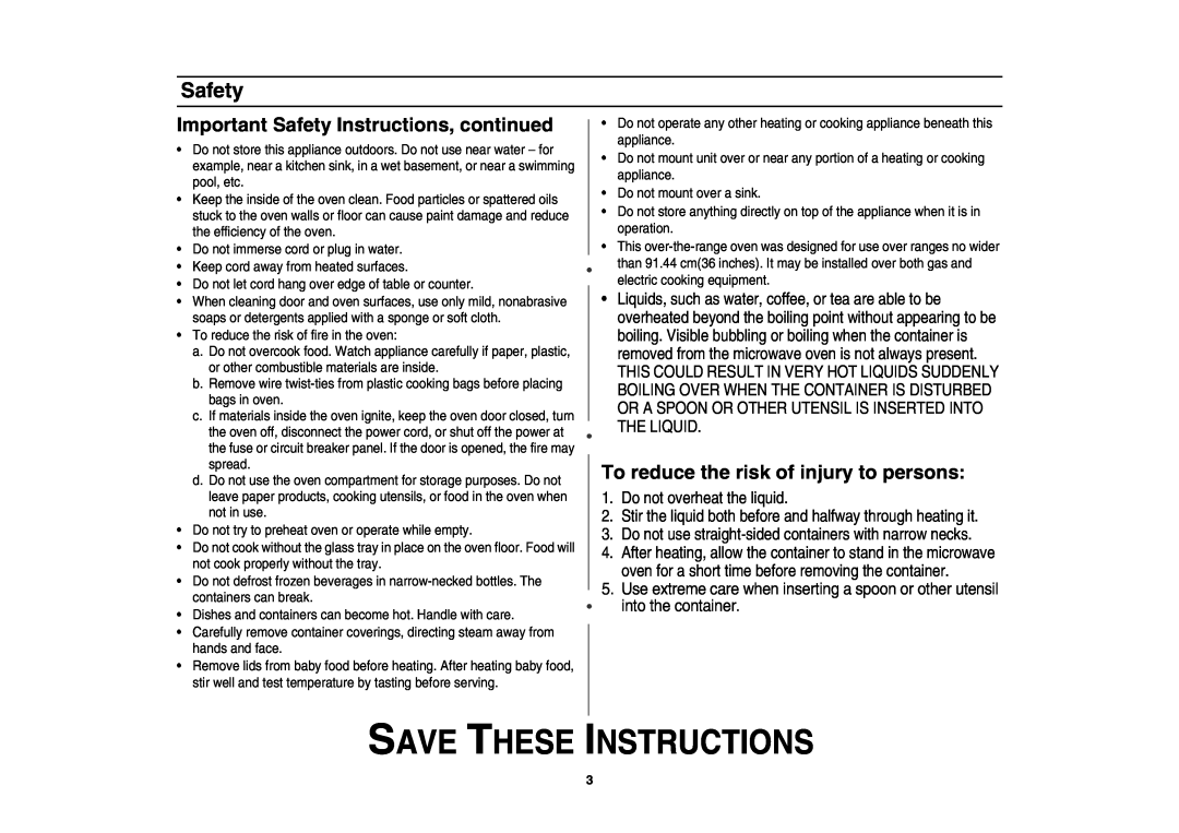 Samsung SMV7165 Important Safety Instructions, continued, To reduce the risk of injury to persons, Save These Instructions 