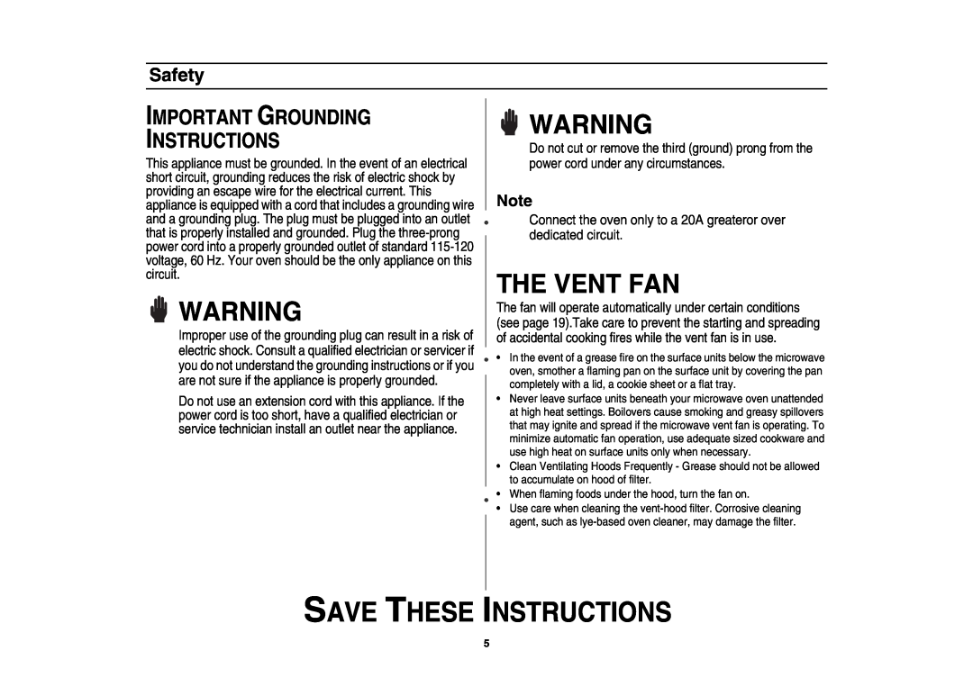 Samsung SMV7165 owner manual The Vent Fan, Safety, Important Grounding Instructions, Save These Instructions 