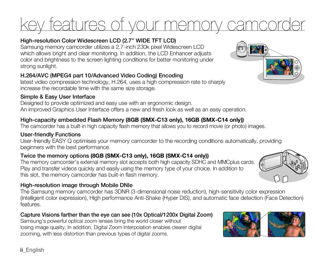 Samsung SMX-C100GN, SMX-C100LN, SMX-C100RN user manual This slot, the memory camcorder has built-in flash memory, IiEnglish 