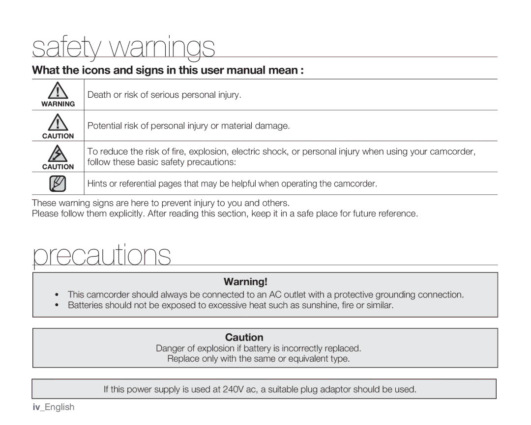 Samsung SMX-C100RN, SMX-C100LN, SMX-C100GN Safety warnings, Precautions, Follow these basic safety precautions, IvEnglish 