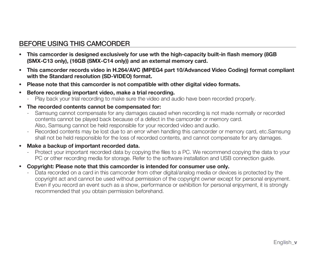 Samsung SMX-C100GN, SMX-C100LN, SMX-C100RN Before Using this Camcorder, Recorded contents cannot be compensated for 