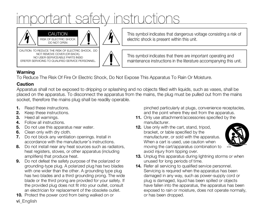 Samsung SMX-C100LN, SMX-C100RN, SMX-C100GN user manual Important safety instructions, ViEnglish 