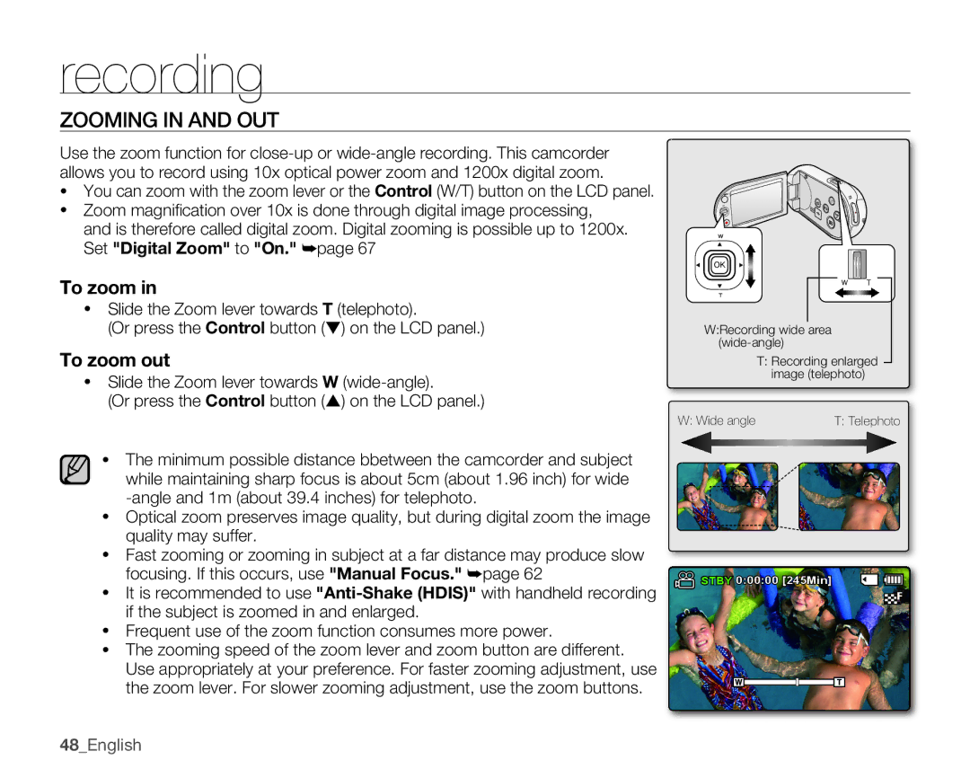 Samsung SMX-C100GN, SMX-C100LN, SMX-C100RN user manual Zooming in and OUT, 48English 