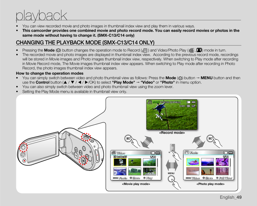 Samsung SMX-C100LN, SMX-C100RN, SMX-C100GN user manual Changing the Playback Mode SMX-C13/C14 only, English49 