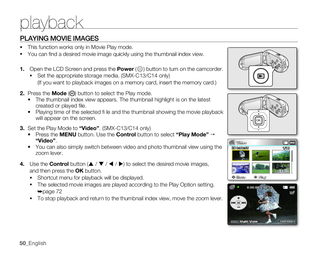 Samsung SMX-C100RN, SMX-C100LN, SMX-C100GN user manual Playing Movie Images, 50English 