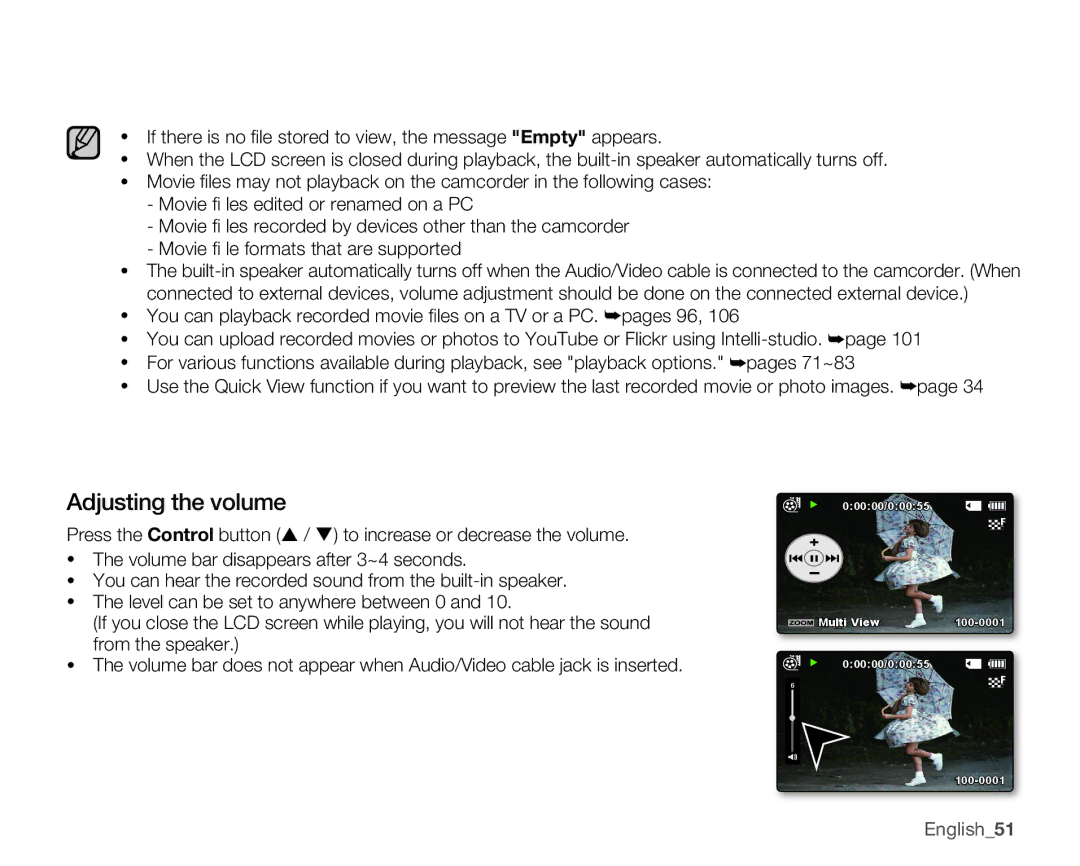 Samsung SMX-C100GN, SMX-C100LN, SMX-C100RN user manual Adjusting the volume, English51 