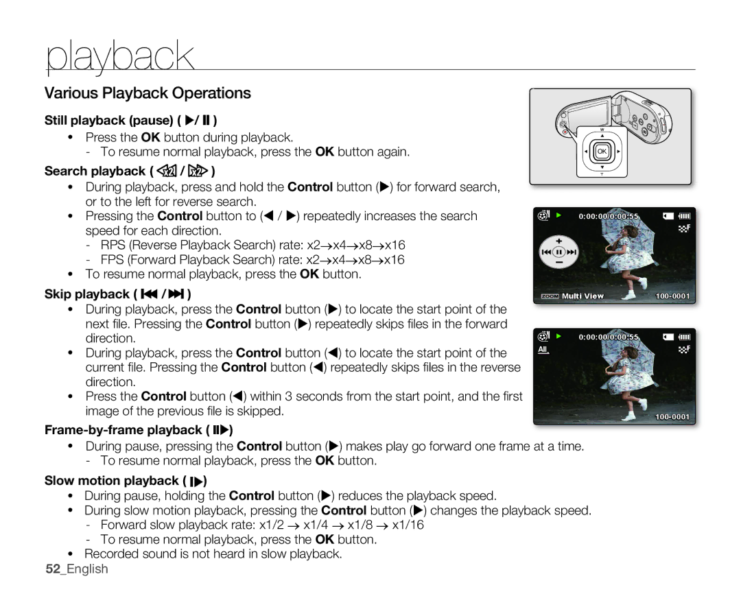 Samsung SMX-C100LN, SMX-C100RN, SMX-C100GN user manual Various Playback Operations 