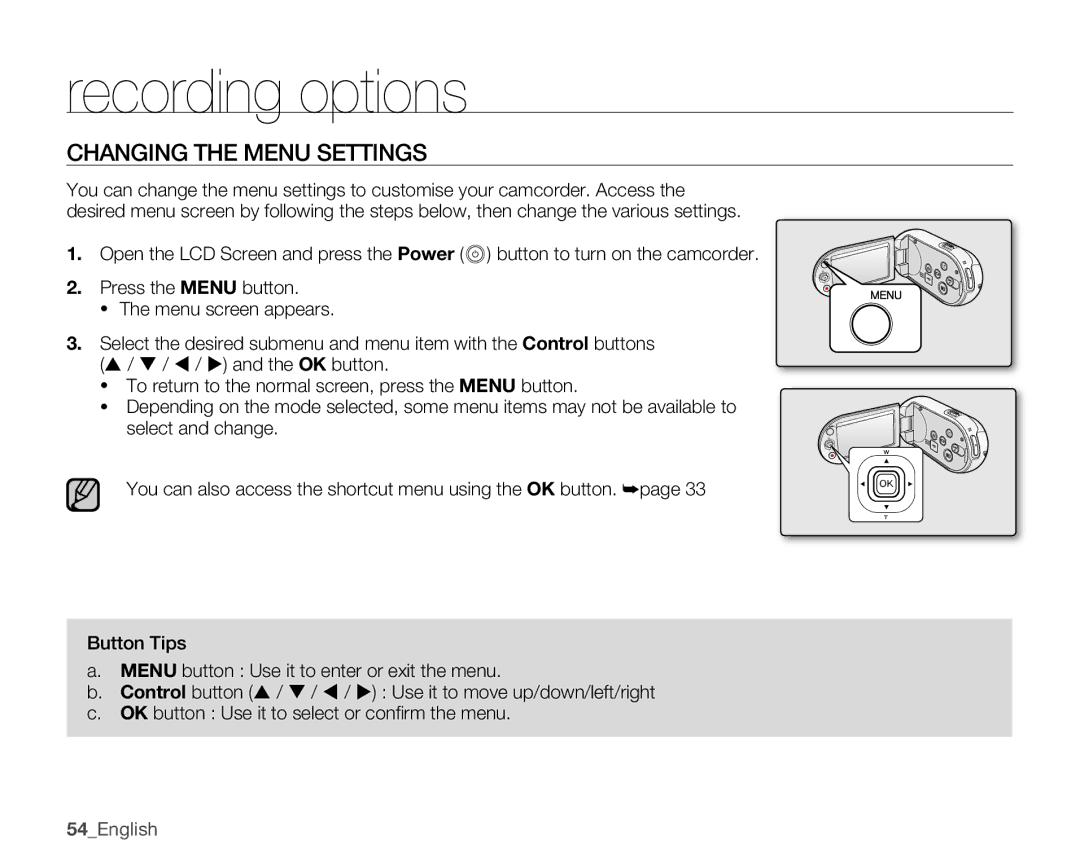 Samsung SMX-C100GN, SMX-C100LN, SMX-C100RN user manual Recording options, Changing the Menu Settings, 54English 