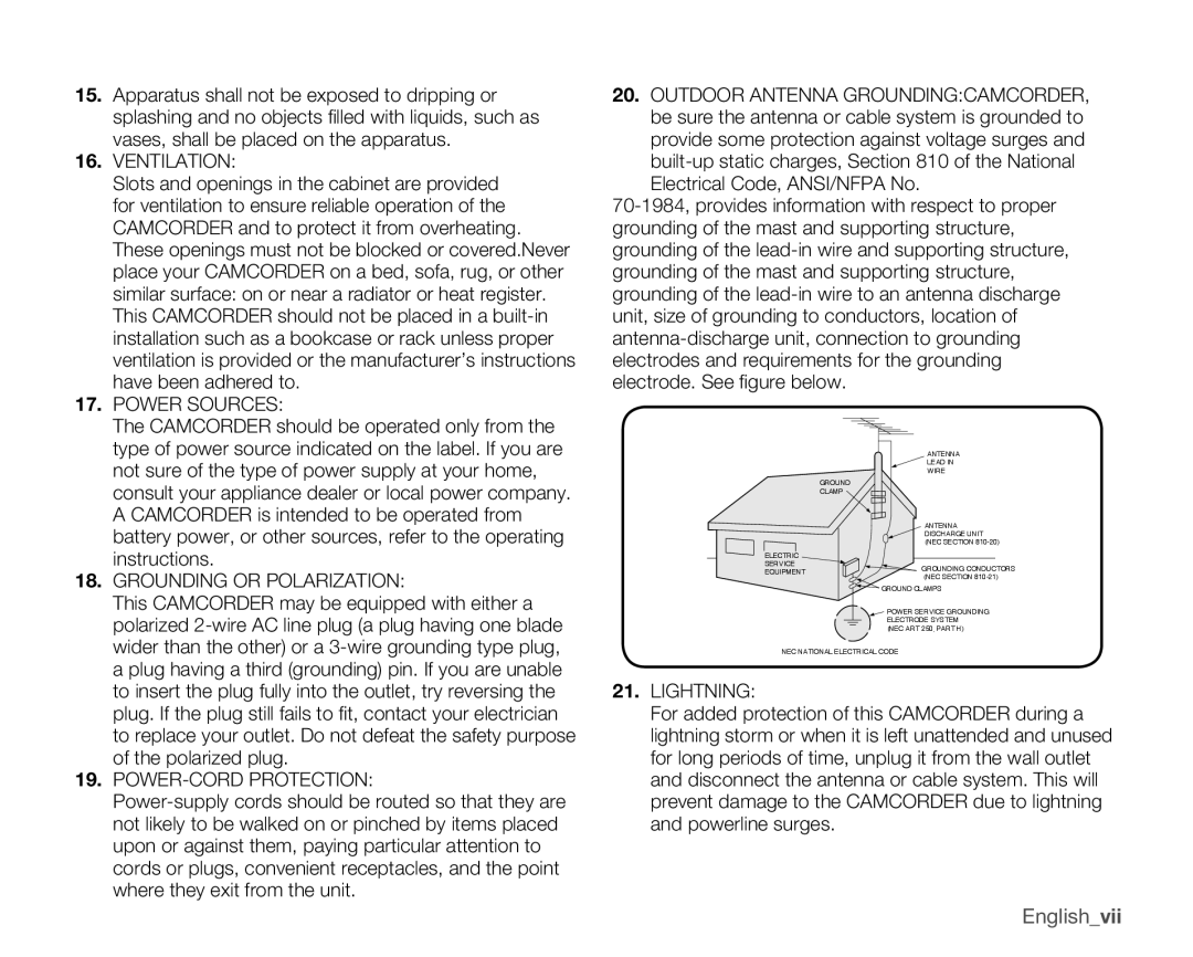 Samsung SMX-C100RN, SMX-C100LN, SMX-C100GN user manual Englishvii, Ventilation 