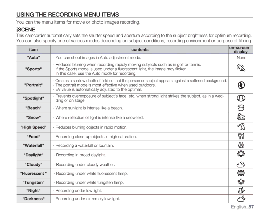 Samsung SMX-C100GN, SMX-C100LN, SMX-C100RN user manual Using the Recording Menu Items, Iscene, English57 