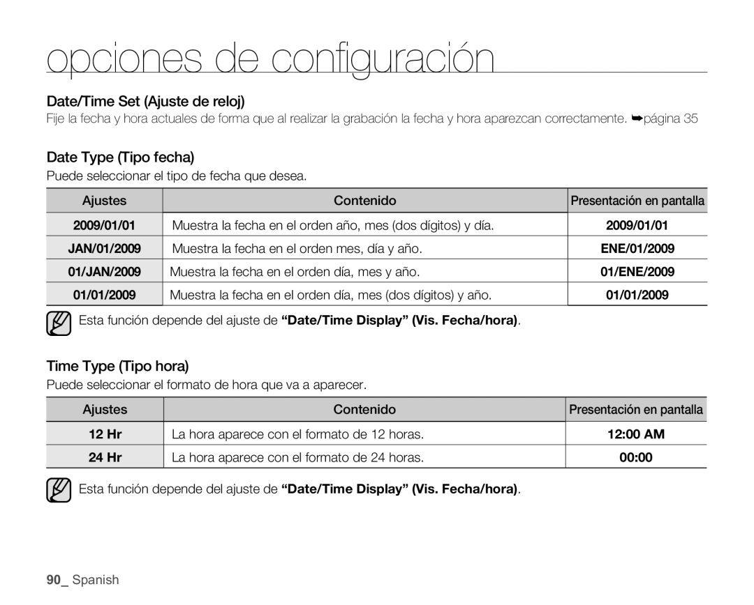 Samsung SMX-C10LP/CAN, SMX-C10GP/EDC manual Date/Time Set Ajuste de reloj, Date Type Tipo fecha, Time Type Tipo hora 