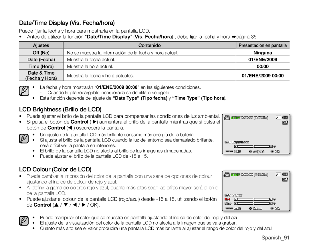Samsung SMX-C10GP/CAN manual Date/Time Display Vis. Fecha/hora, LCD Brightness Brillo de LCD, LCD Colour Color de LCD 