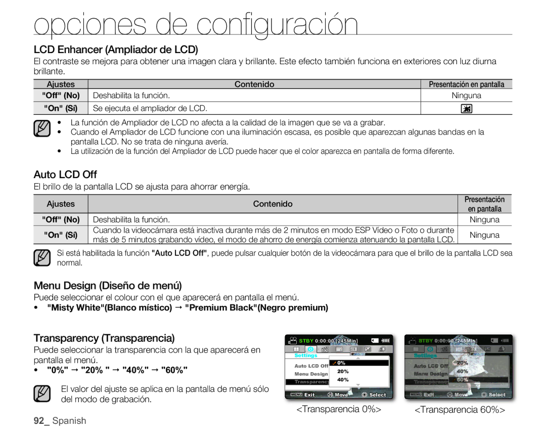 Samsung SMX-C100RP/EDC LCD Enhancer Ampliador de LCD, Auto LCD Off, Menu Design Diseño de menú, Transparency Transparencia 