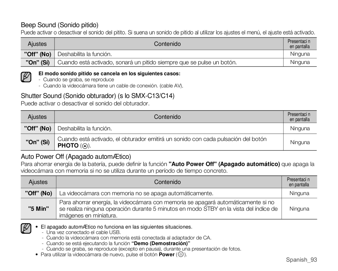 Samsung SMX-C10RP/CAN, SMX-C10GP/EDC manual Beep Sound Sonido pitido, Shutter Sound Sonido obturador sólo SMX-C13/C14, Photo 