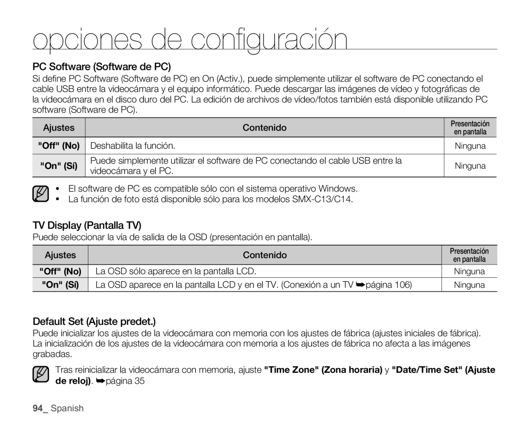 Samsung SMX-C10GP/EDC PC Software Software de PC, TV Display Pantalla TV, Default Set Ajuste predet, Videocámara y el PC 