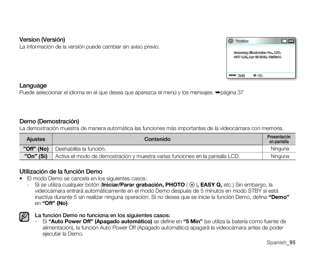 Samsung SMX-C10RP/EDC, SMX-C10GP/EDC manual Version Versión, Language, Demo Demostración, Utilización de la función Demo 