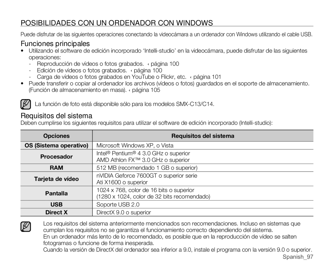 Samsung SMX-C10LP/EDC manual Posibilidades CON UN Ordenador CON Windows, Funciones principales, Requisitos del sistema 