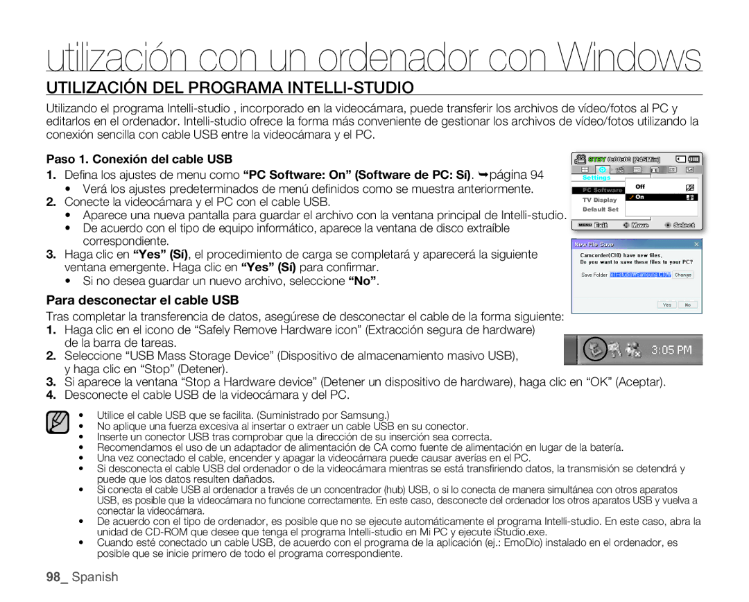 Samsung SMX-C10LP/CAN, SMX-C10GP/EDC, SMX-C10RP/EDC Utilización DEL Programa INTELLI-STUDIO, Para desconectar el cable USB 