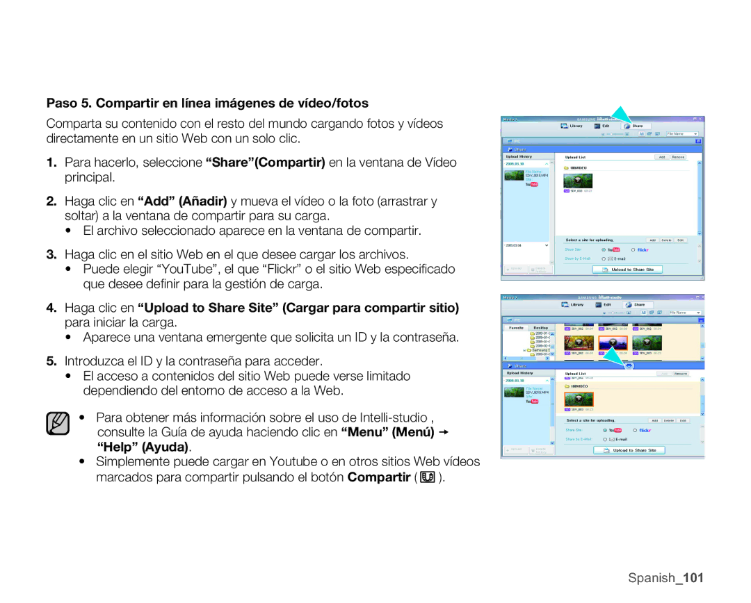 Samsung SMX-C10RP/CAN, SMX-C10GP/EDC, SMX-C10RP/EDC manual Paso 5. Compartir en línea imágenes de vídeo/fotos, Help Ayuda 