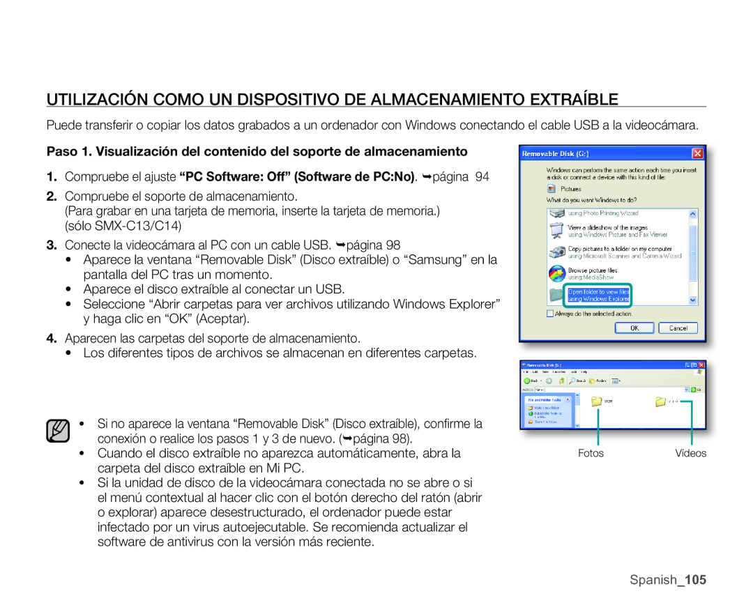 Samsung SMX-C10LP/EDC, SMX-C10GP/EDC, SMX-C10RP/EDC manual Utilización Como UN Dispositivo DE Almacenamiento Extraíble 