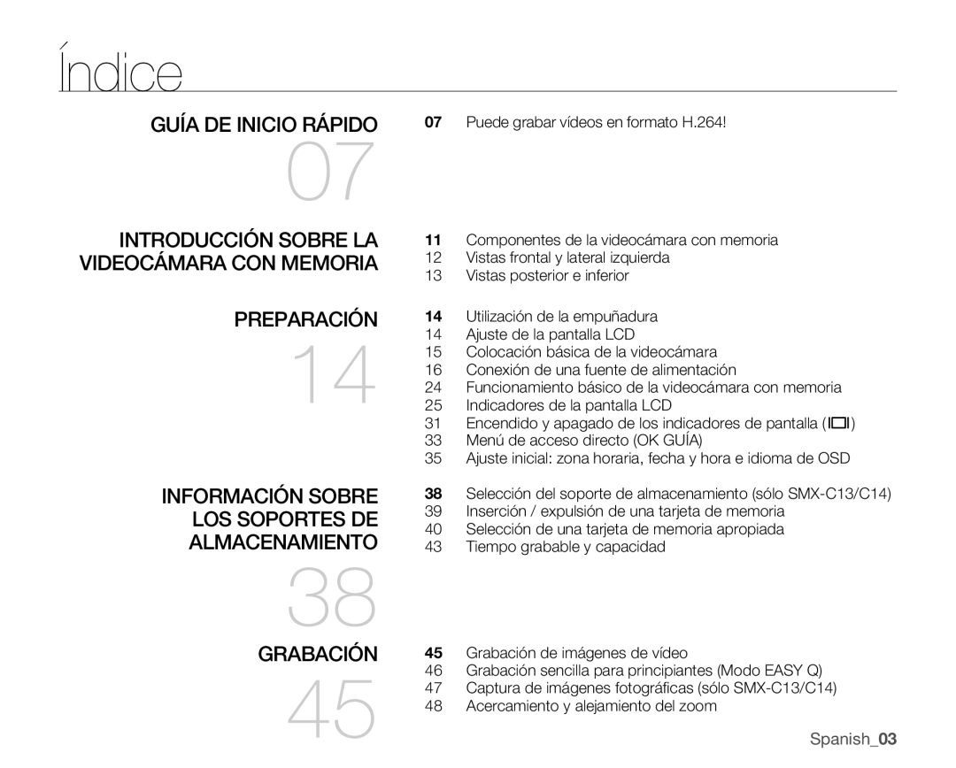 Samsung SMX-C10GP/CAN, SMX-C10GP/EDC, SMX-C10RP/EDC manual Índice, Introducción Sobre LA Videocámara CON Memoria, Grabación 