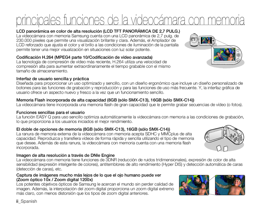 Samsung SMX-C100GP/EDC, SMX-C10GP/EDC, SMX-C10RP/EDC, SMX-C10LP/EDC manual Principales funciones de la videocámara con memoria 