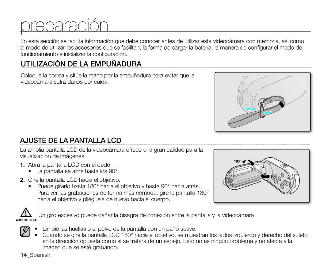 Samsung SMX-C10GP/EDC, SMX-C10RP/EDC, SMX-C100GP/EDC Preparación, Utilización DE LA Empuñadura, Ajuste DE LA Pantalla LCD 