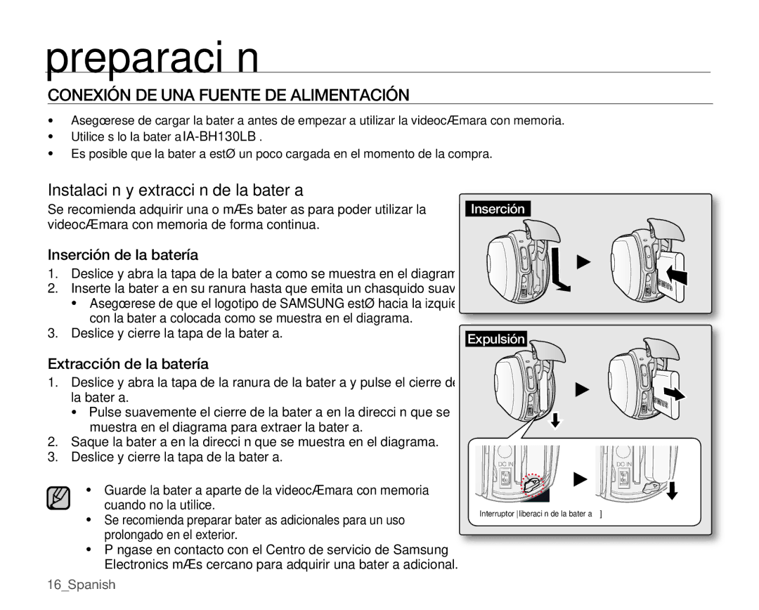 Samsung SMX-C100GP/EDC manual Conexión DE UNA Fuente DE Alimentación, Inserción de la batería, Extracción de la batería 