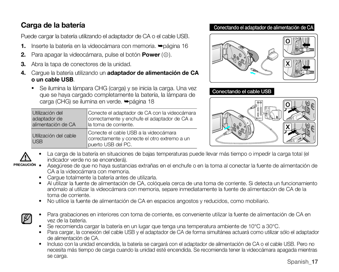 Samsung SMX-C10LP/EDC, SMX-C10GP/EDC, SMX-C10RP/EDC, SMX-C100GP/EDC, SMX-C10LP/CAN, SMX-C10GP/CAN manual Carga de la batería 