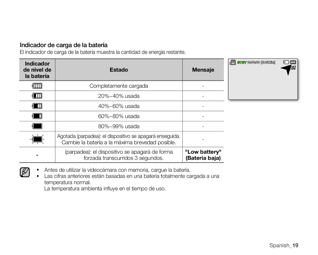 Samsung SMX-C10GP/CAN, SMX-C10GP/EDC, SMX-C10RP/EDC manual Indicador de carga de la batería, Forzada transcurridos 3 segundos 