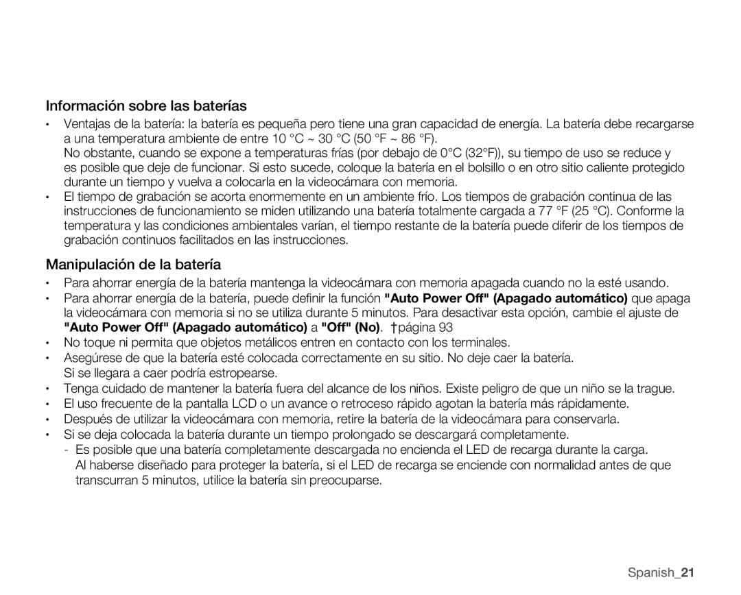 Samsung SMX-C10RP/CAN, SMX-C10GP/EDC, SMX-C10RP/EDC manual Información sobre las baterías, Manipulación de la batería 