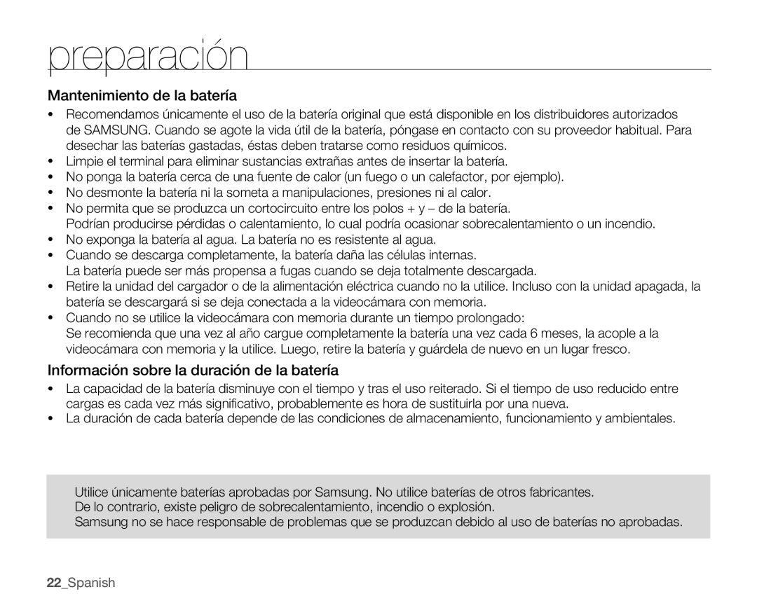 Samsung SMX-C10GP/EDC, SMX-C10RP/EDC manual Mantenimiento de la batería, Información sobre la duración de la batería 