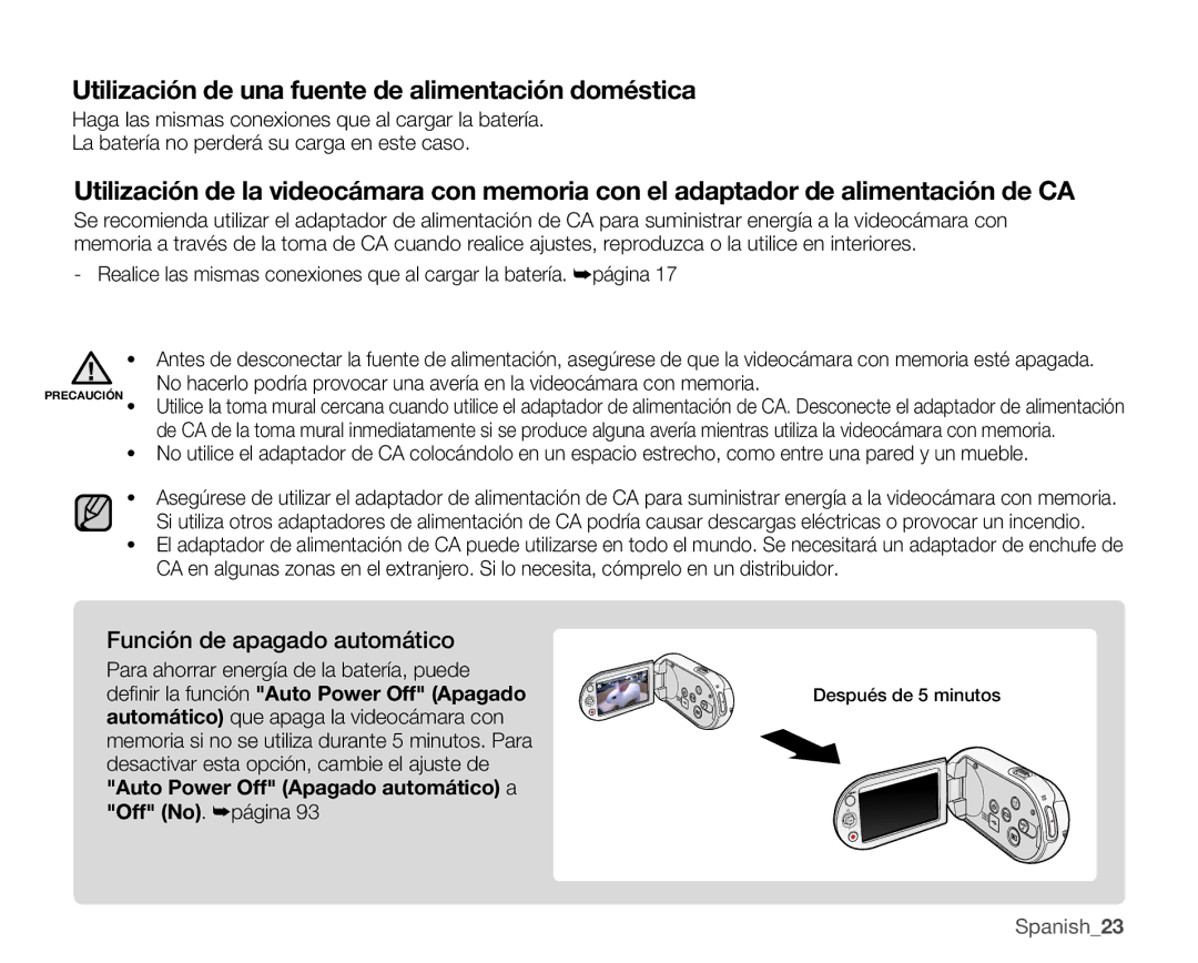 Samsung SMX-C10RP/EDC, SMX-C10GP/EDC Utilización de una fuente de alimentación doméstica, Función de apagado automático 