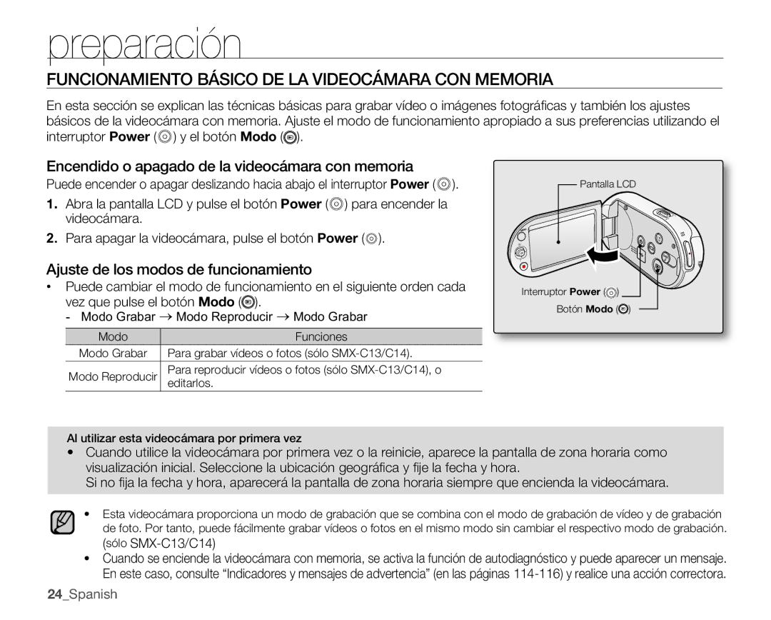 Samsung SMX-C100GP/EDC manual Funcionamiento Básico DE LA Videocámara CON Memoria, Ajuste de los modos de funcionamiento 