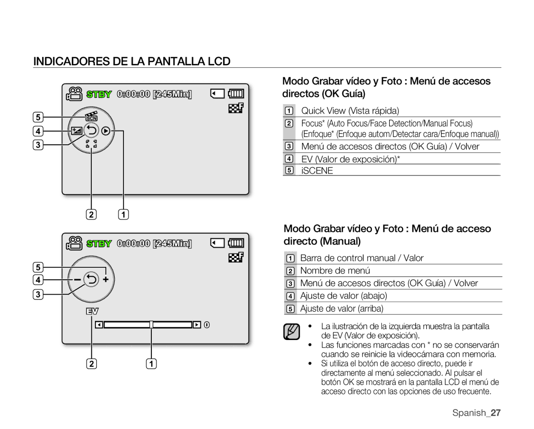 Samsung SMX-C10GP/CAN, SMX-C10GP/EDC Modo Grabar vídeo y Foto Menú de accesos directos OK Guía, Quick View Vista rápida 