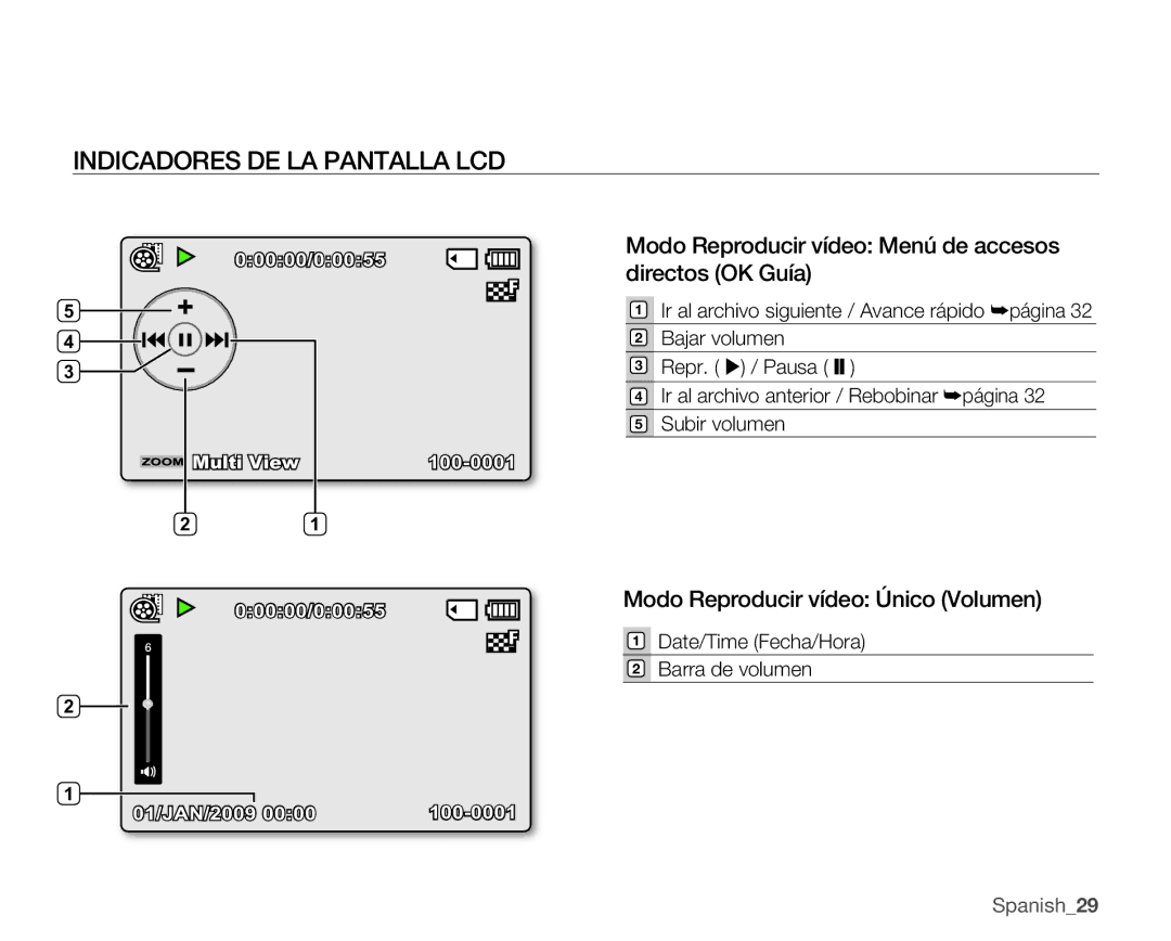 Samsung SMX-C10RP/CAN manual Modo Reproducir vídeo Menú de accesos directos OK Guía, Modo Reproducir vídeo Único Volumen 