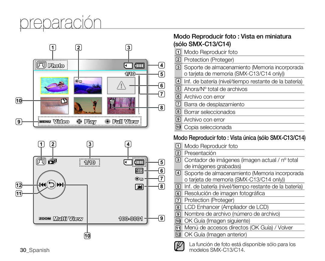 Samsung SMX-C10GP/EDC, SMX-C10RP/EDC Modo Reproducir foto Vista en miniatura sólo SMX-C13/C14, Ahora/Nº total de archivos 