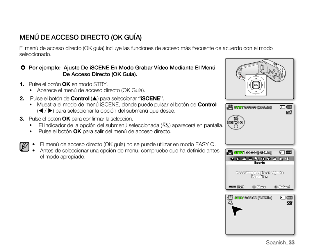 Samsung SMX-C10LP/EDC manual Menú DE Acceso Directo OK Guía, Pulse el botón OK para salir del menú de acceso directo 