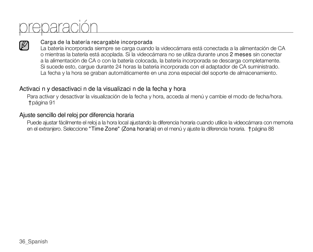 Samsung SMX-C100RP/EDC manual Ajuste sencillo del reloj por diferencia horaria, Carga de la batería recargable incorporada 