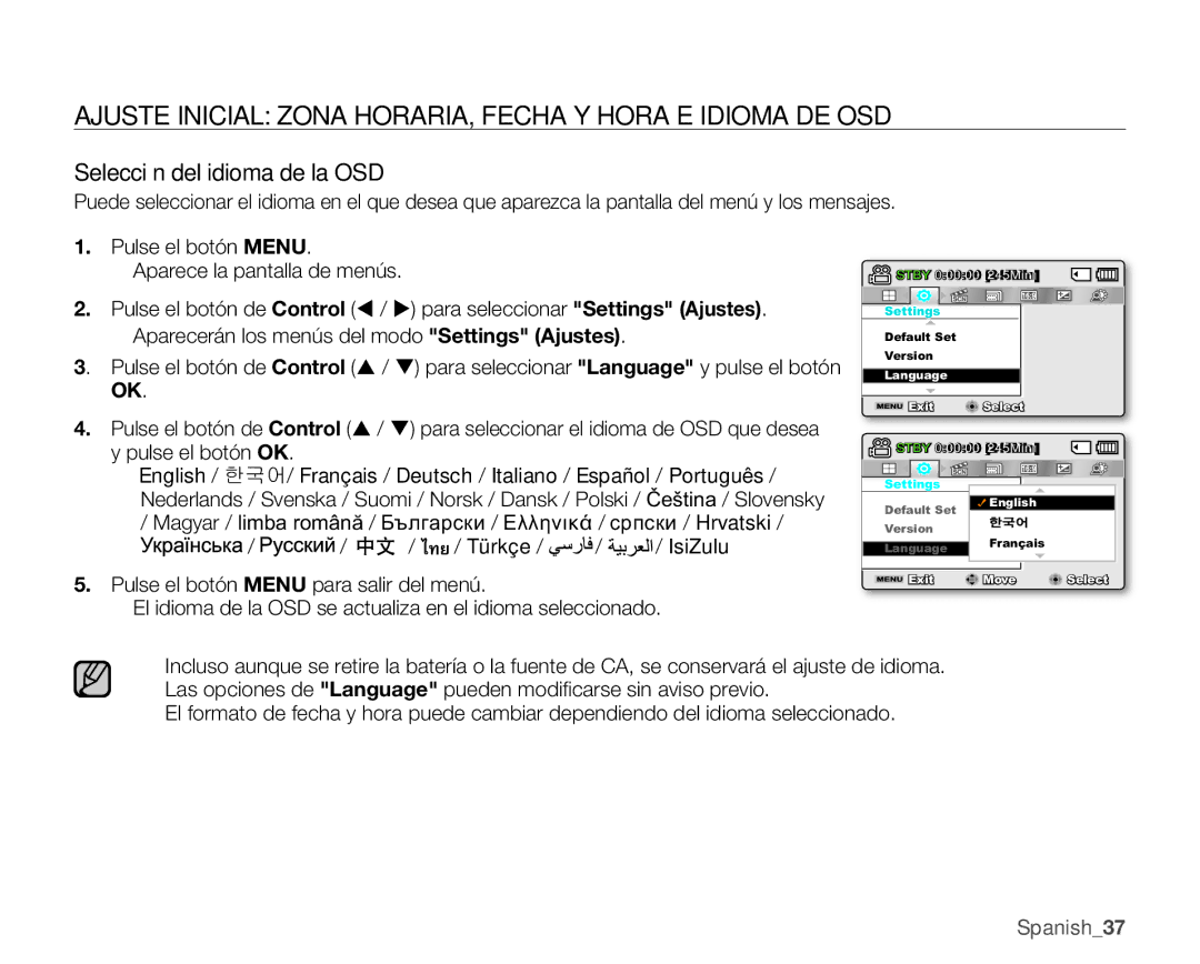 Samsung SMX-C10RP/CAN, SMX-C10GP/EDC, SMX-C10RP/EDC, SMX-C100GP/EDC, SMX-C10LP/EDC manual Selección del idioma de la OSD 